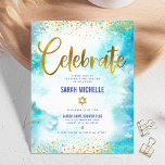 Tarjeta De Recepción Bat Mitzvah Relieve metalizado oro moderno color t<br><div class="desc">¡Estén orgullosos, regocijaos y exhiban este hito de su Bat Mitzvah favorito! Incluya este impresionante, moderno y brillante Relieve metalizado de imitación dorada y puntos purpurinas y escritura tipográfica contra un fondo de color turquesa de color agua, inserto personalizado para información adicional a su evento. Personalice el texto del personalizado...</div>