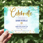 Tarjeta De Recepción Bat Mitzvah Relieve metalizado oro moderno color t<br><div class="desc">¡Estén orgullosos, regocijaos y exhiban este hito de su Bat Mitzvah favorito! Incluya este impresionante, moderno y brillante Relieve metalizado de imitación dorada y puntos purpurinas y guión de tipografía contra un fondo de color turquesa de agua, inserto horizontal personalizado para obtener información adicional para su evento. Personalice el texto...</div>
