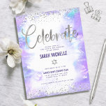 Tarjeta De Recepción Bat Mitzvah Relieve metalizado plateado moderno co<br><div class="desc">¡Estén orgullosos, regocijaos y exhiban este hito de su Bat Mitzvah favorito! Incluya este impresionante, moderno y brillante Relieve metalizado de imitación plateado y puntos purpurinas y escritura caligráfica manuscrita contra un suave fondo de color morado, inserto personalizado para información adicional a su evento. Personalice el texto del personalizado con...</div>