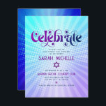 Tarjeta De Recepción Bat Mitzvah Retro Boho Gradiente azul púrpura negr<br><div class="desc">¡Estén orgullosos, regocijaos y exhiban este hito de su Bat Mitzvah favorito! Incluya este retro groovy boho, inserción personalizada para obtener información adicional sobre su evento. Tipografía divertida, de moda, audaz morada y azul marino con la tipografía moderna sans serif superpone un fondo de rayos pop turquesa y morado gradiente...</div>