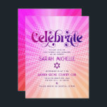 Tarjeta De Recepción Bat Mitzvah Retro Boho Pink Naranja Gradiente Negr<br><div class="desc">¡Estén orgullosos, regocijaos y exhiban este hito de su Bat Mitzvah favorito! Incluya este retro groovy boho, inserción personalizada para obtener información adicional sobre su evento. Tipografía divertida, moderna, audaz, rosa oscuro y rosa oscuro con la tipografía moderna sans serif sobre un fondo de naranja de luz pop y rayas...</div>