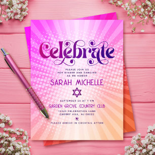 Tarjeta De Recepción Bat Mitzvah Retro Boho Rosa Naranja Gradiente Negr