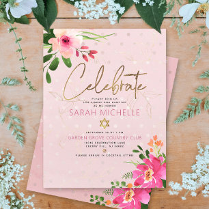 Tarjeta De Recepción Bat Mitzvah Rosa Acuarela Floral Moderno Script
