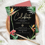 Tarjeta De Recepción Bat Mitzvah Tropical Black Gold Floral Watercolor<br><div class="desc">¡Estén orgullosos, regocijaos y exhiban este hito de su Bat Mitzvah favorito! Incluya este moderno, sofisticado y personalizado inserto para obtener información adicional sobre su evento. Elegantes, impresionantes, coloridas, aves acuáticas tropicales de flores del paraíso, escritura manuscrita de oro falsa, puntos Star of David y purpurinas, junto con modernos sans...</div>