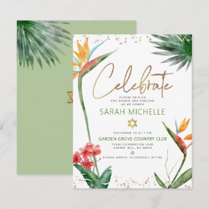 Tarjeta De Recepción Bat Mitzvah Tropical Dorado Script Floral Acuarela