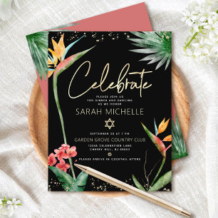 Tarjeta De Recepción Bat Mitzvah Tropical Negro Oro Floral Acuarela