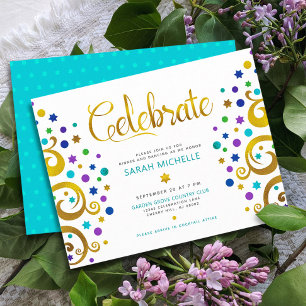 Tarjeta De Recepción Bat Mitzvah Turquesa Hoja de Oro Árbol de la Vida