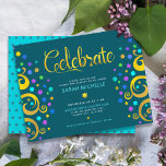 Tarjeta De Recepción Bat Mitzvah Verde azulado árbol de Relieve metaliz<br><div class="desc">¡Estén orgullosos, regocijaos y exhiban este hito de su Bat Mitzvah favorito! Este abstracto y gráfico árbol de Relieve metalizado dorado falso con una estrella de David brillante, turquesa, verde azulada, morada y azul y "hojas" de punto sobre un rico fondo azul verde azulado oscuro, es el perfecto inserto personalizado...</div>
