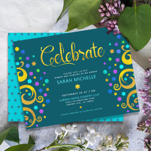 Tarjeta De Recepción Batmitsvá Verde Azul Árbol de Vida Papel de Oro Mo