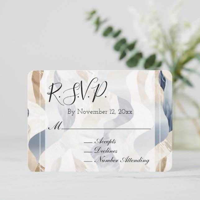 Tarjeta De Recepción Beach Blue Cream Sand Ivory Abstract Wedding RSVP (Anverso de pie)