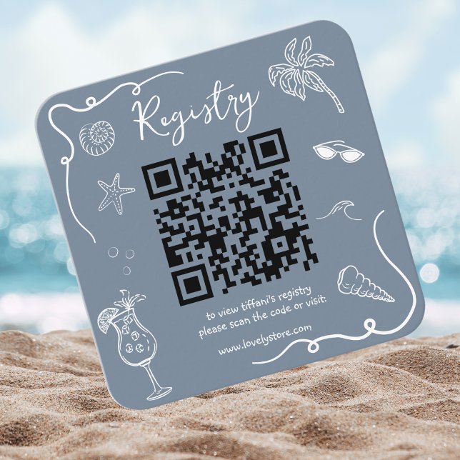 Tarjeta De Recepción Beach Doodle Bridal Shower QR Code  Registry (Subido por el creador)