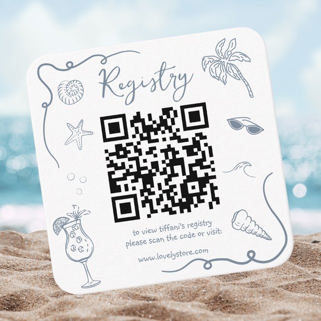 Tarjeta De Recepción Beach Doodle QR Code Bridal Shower Registry (Subido por el creador)