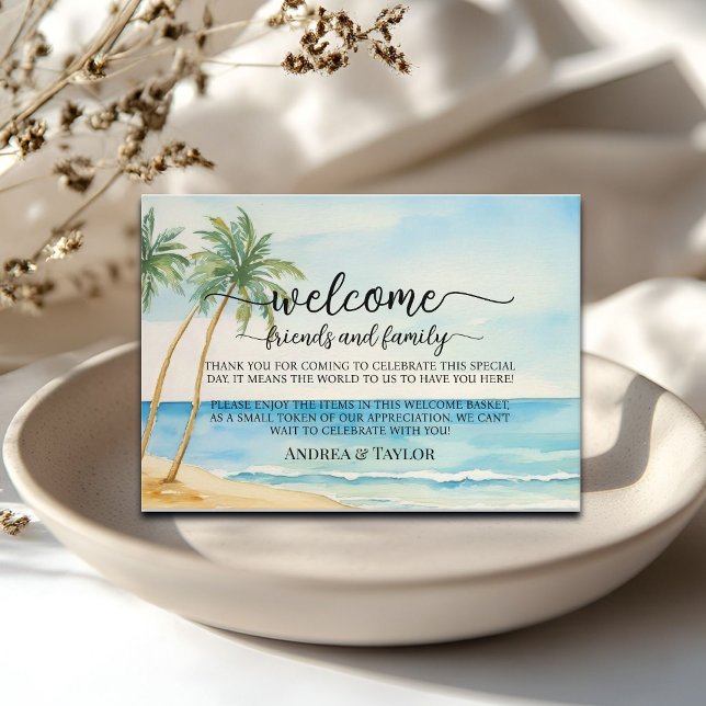 Tarjeta De Recepción Beach Palm Tree Bienvenida Regalo Bag Basket Place (Subido por el creador)