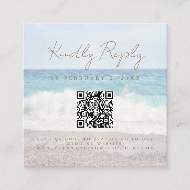 Tarjeta De Recepción Beach Sunset Seaside Wedding Scan Code RSVP (Anverso)