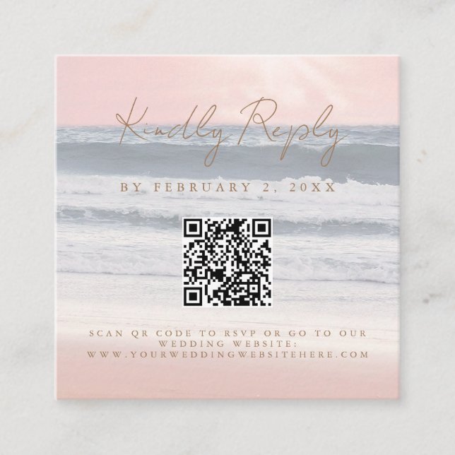 Tarjeta De Recepción Beach Sunset Seaside Wedding Scan Code RSVP (Anverso)