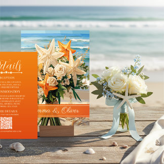 Tarjeta De Recepción Beach Wedding Orange Starfish Bouquet Details Card