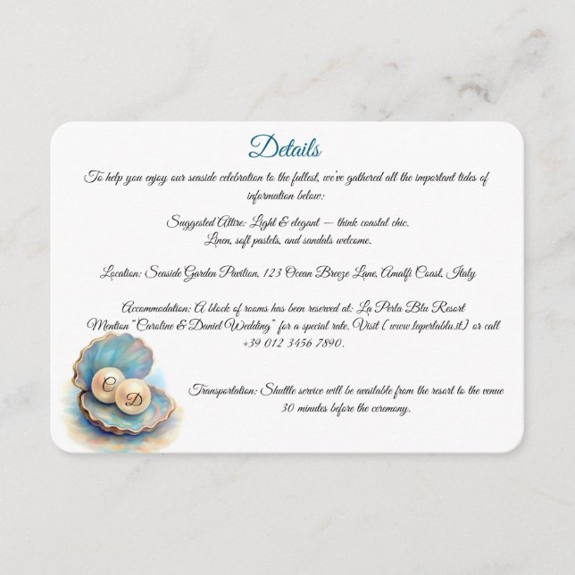 Tarjeta De Recepción Beach Wedls Pearls Shell elegante tema del océano (Anverso)