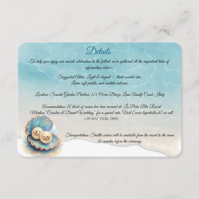 Tarjeta De Recepción Beach Wedls Pearls Shell elegante tema del océano (Anverso)