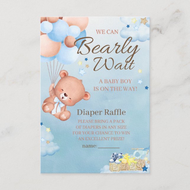Tarjeta De Recepción Bear Baby Shower Boy Diaper Raffle (Anverso)