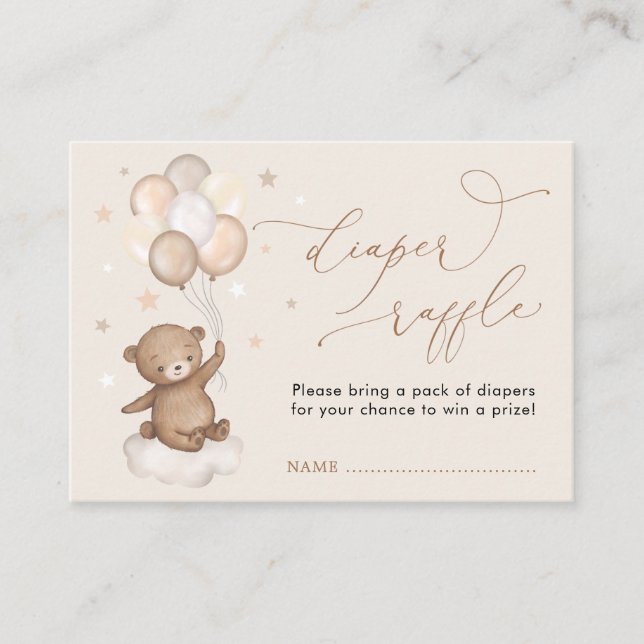 Tarjeta De Recepción Bear Balloon Cloud Stars Baby Shower Diaper Raffle (Anverso)