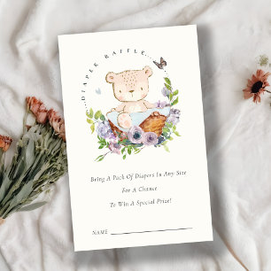 Tarjeta De Recepción Bear Flower Basket Blue Diaper Raffle Baby Shower