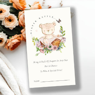 Tarjeta De Recepción Bear Flower Basket Pink Diaper Raffle Baby Shower