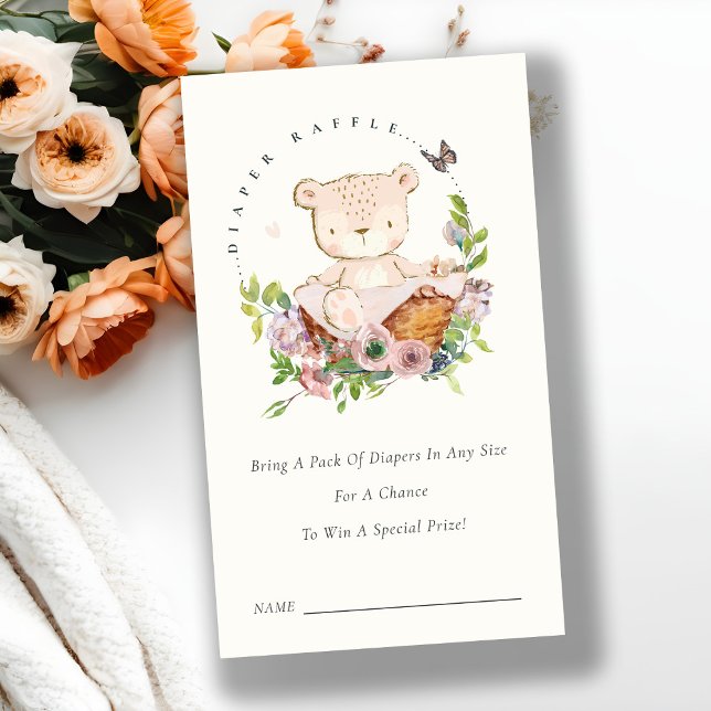 Tarjeta De Recepción Bear Flower Basket Pink Diaper Raffle Baby Shower (Subido por el creador)