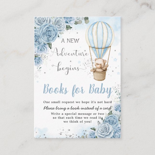 Tarjeta De Recepción Bear Hot Air Balloon Blue Floral Boys for Baby (Anverso)