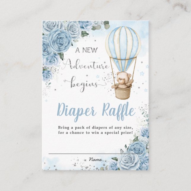 Tarjeta De Recepción Bear Hot Air Balloon Blue Floral Diaper Raffle (Anverso)