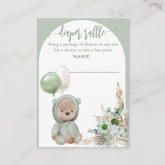 Tarjeta De Recepción Bearly Wait Green Boho Bear Diaper Raffle (Anverso)
