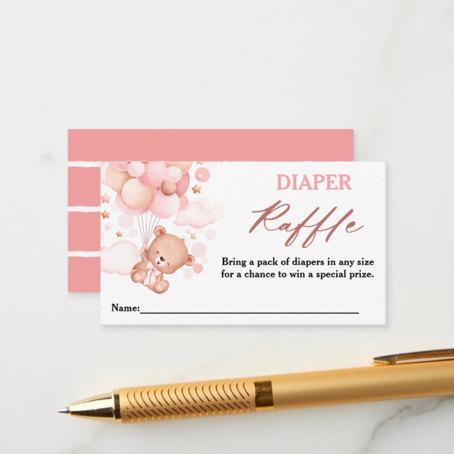 Tarjeta De Recepción Bearly Wait Teddy Bear Pink Diaper Raffle (Anverso/Reverso In Situ)