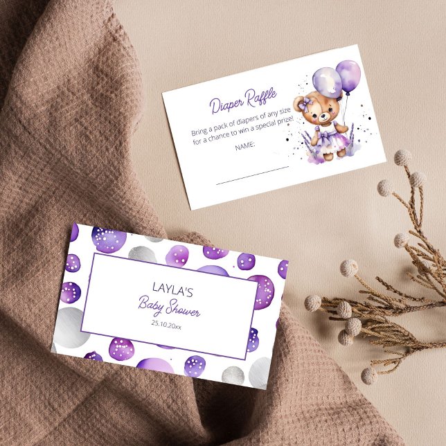 Tarjeta De Recepción Beary teddy oso morado baby ducha diaper raffle (Teddy bear purple diaper raffle card cute teddy bear with purple dress lavender balloons raffle card)