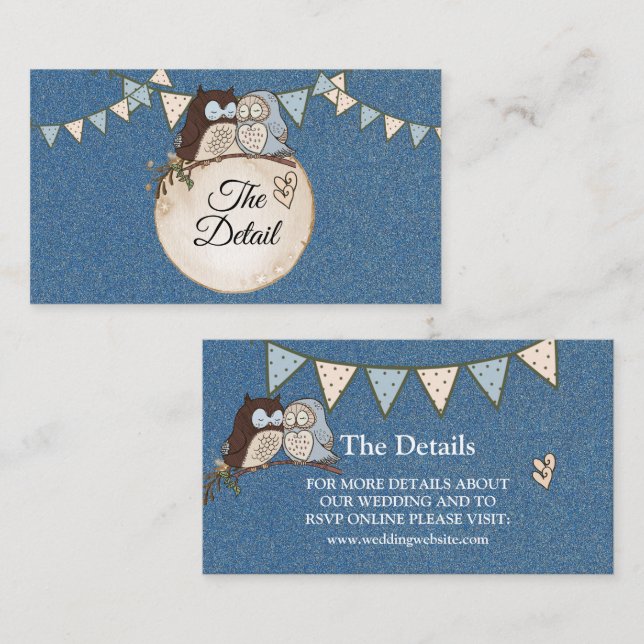 Tarjeta De Recepción Beautiful Wedding Blue Brown Owl Glitter Detail (Anverso / Reverso)