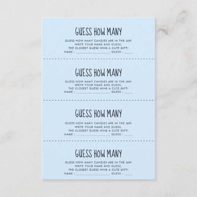 Tarjeta De Recepción Bebé azul lindo Ducha Adivina cuántas cartas de ju (Anverso)