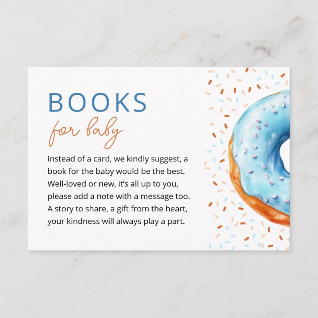 Tarjeta De Recepción Bebé de donut azul rociando libros para bebé (Anverso)