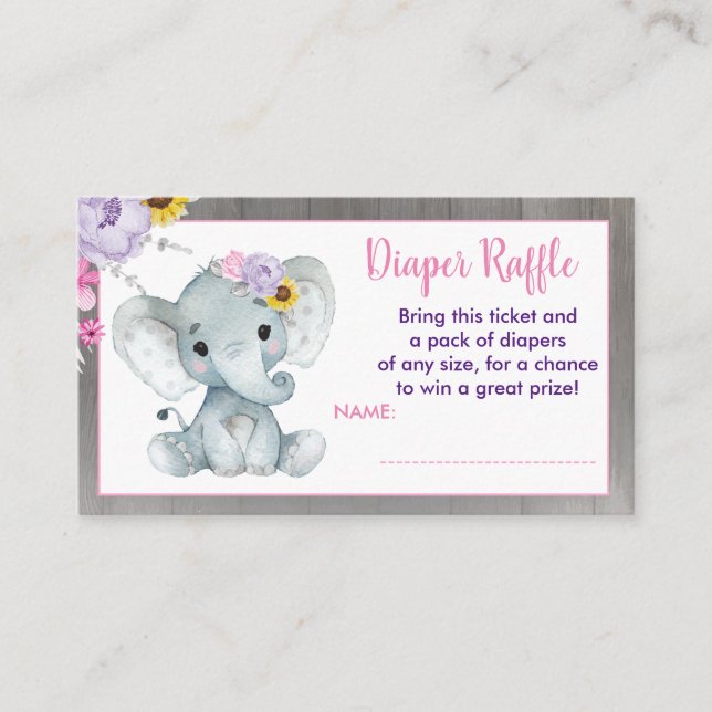 Tarjeta De Recepción Bebe Elephant diaper raffle Morple Pink Yellow (Anverso)