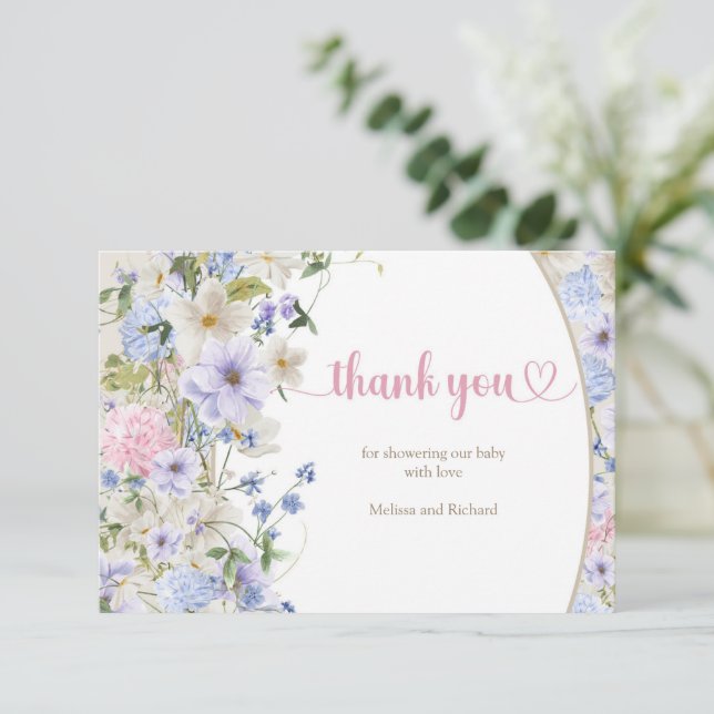 Tarjeta De Recepción Bebé en primavera floreciente Flores salvajes Rúst (Anverso de pie)