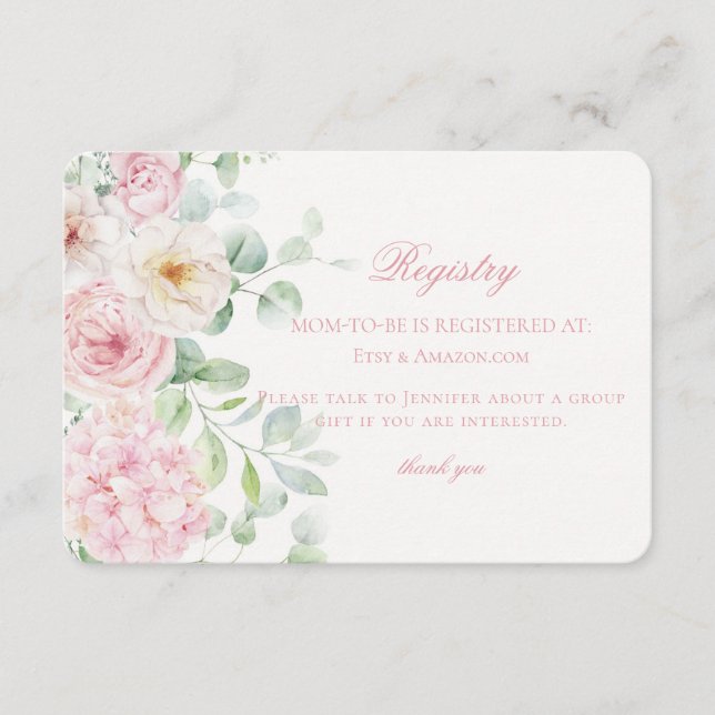 Tarjeta De Recepción Bebé floral rosado en el registro de hidrangea en  (Anverso)