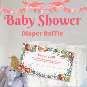 Tarjeta De Recepción Bebé folksy colorido Pájaros Vintage Diaper Raffle