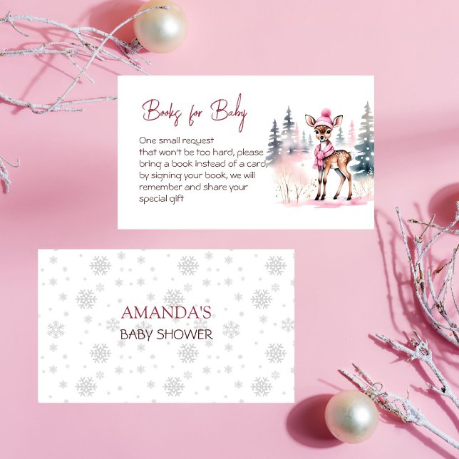 Tarjeta De Recepción Bebé, hace frío afuera de los libros de ciervos ch (Dear winter baby it's cold outside baby shower books for baby card cute baby deer in pink hat scarf)