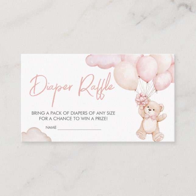 Tarjeta De Recepción Bebé rosa globo de oso Baby Shower Diaper Raffle (Anverso)