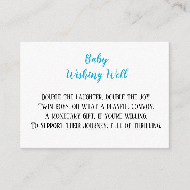 Tarjeta De Recepción Bebés gemelos azules deseando un buen Baby Shower (Anverso)