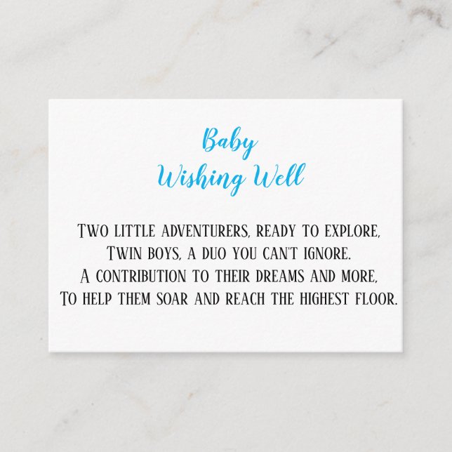 Tarjeta De Recepción Bebés gemelos azules deseando un buen Baby Shower (Anverso)