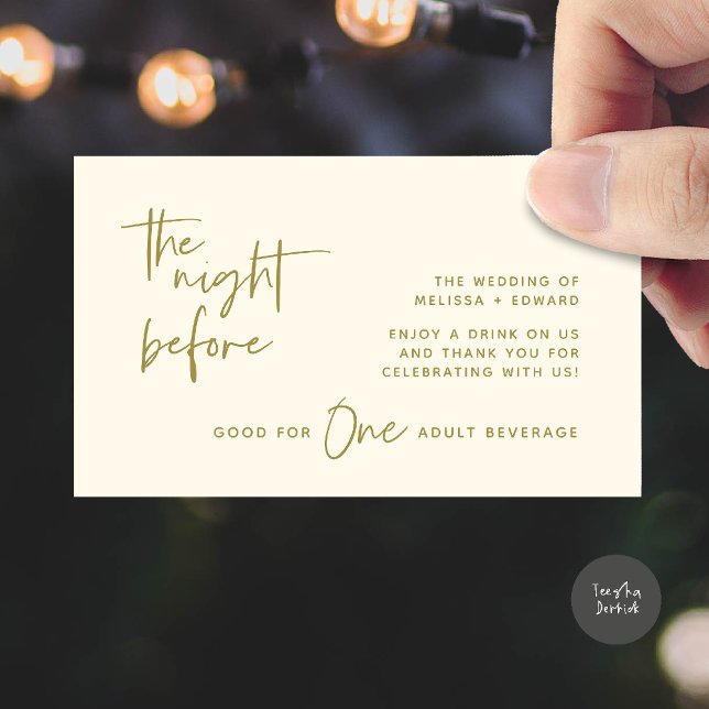 Tarjeta De Recepción Bebida Bebida De Adulto La Noche Antes Del Fiesta (Drink Ticket Adult Beverage The Night Before Modern Romantic Party Enclosure Card in Yellow Gold)