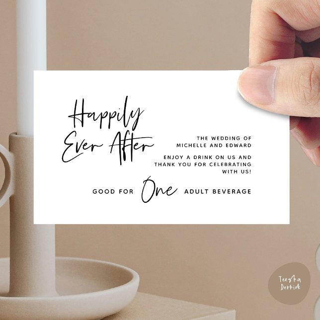 Tarjeta De Recepción Bebida, Bebida para adultos, Feliz Nunca Después (Modern Wedding Drink Ticket, Adult Beverage, Happily Ever After Enclosure Card in White Black)