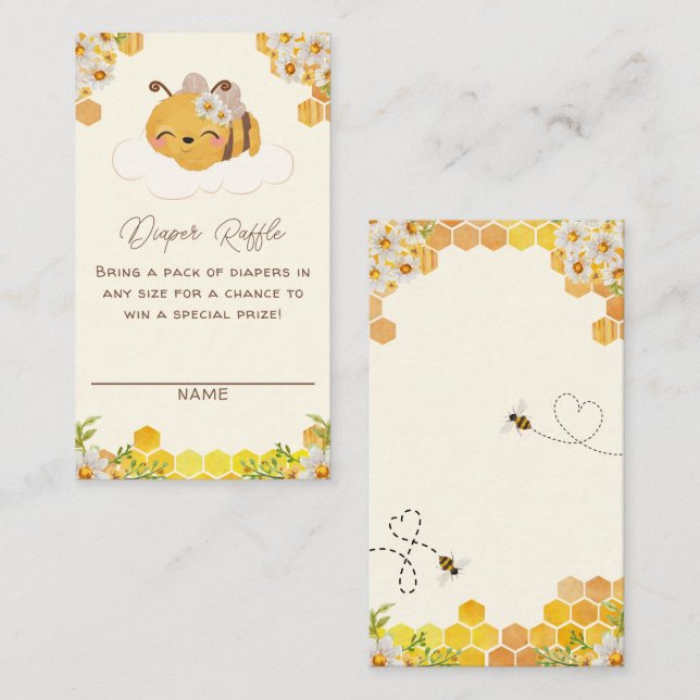 Tarjeta De Recepción Bee Baby Shower Diaper Raffle Honeycombs Floral En (Anverso / Reverso)