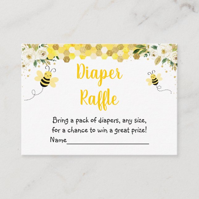 Tarjeta De Recepción Bee Gold Floral Baby Shower Diaper Raffle (Anverso)