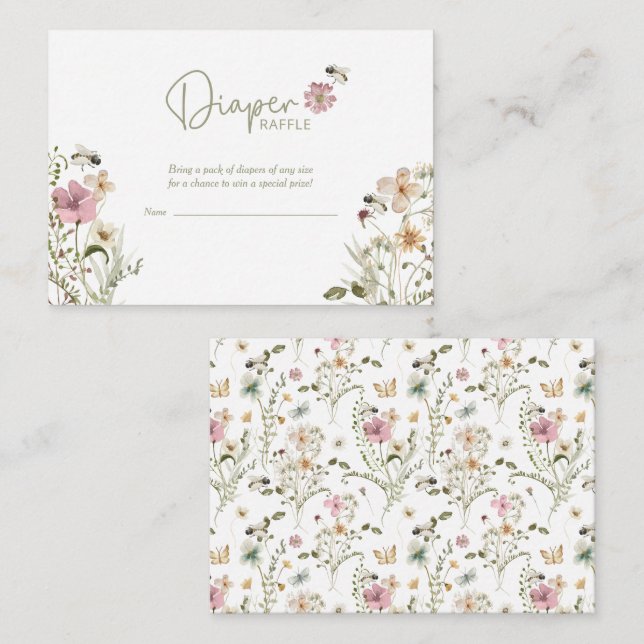 Tarjeta De Recepción Bee Wildflower Diaper Raffle Baby Shower (Anverso / Reverso)