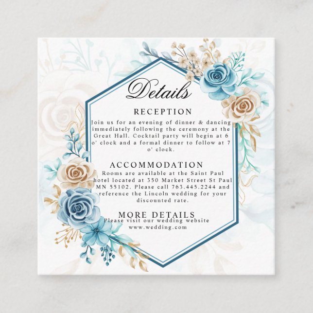 Tarjeta De Recepción Beige blue Elegant Floral Wedding (Anverso)