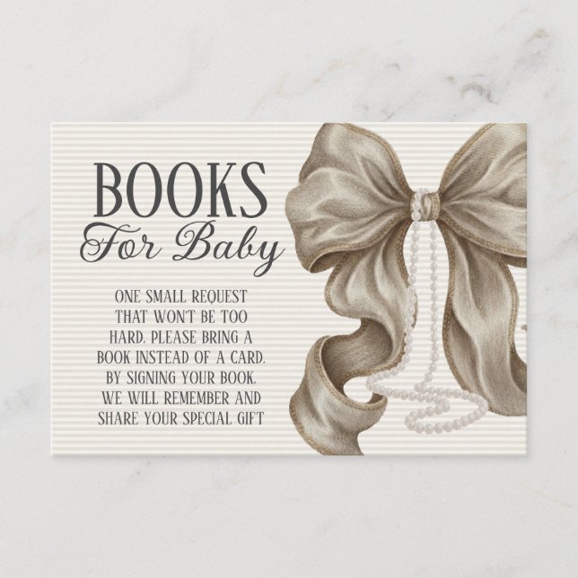 Tarjeta De Recepción Beige Bow Girl Baby Shower Books For Baby (Anverso)